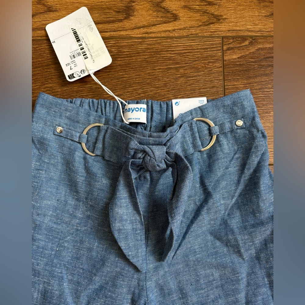 NWT Mayoral Tie Front Blue Linen Girls Pants Size 7 - Picture 2 of 4